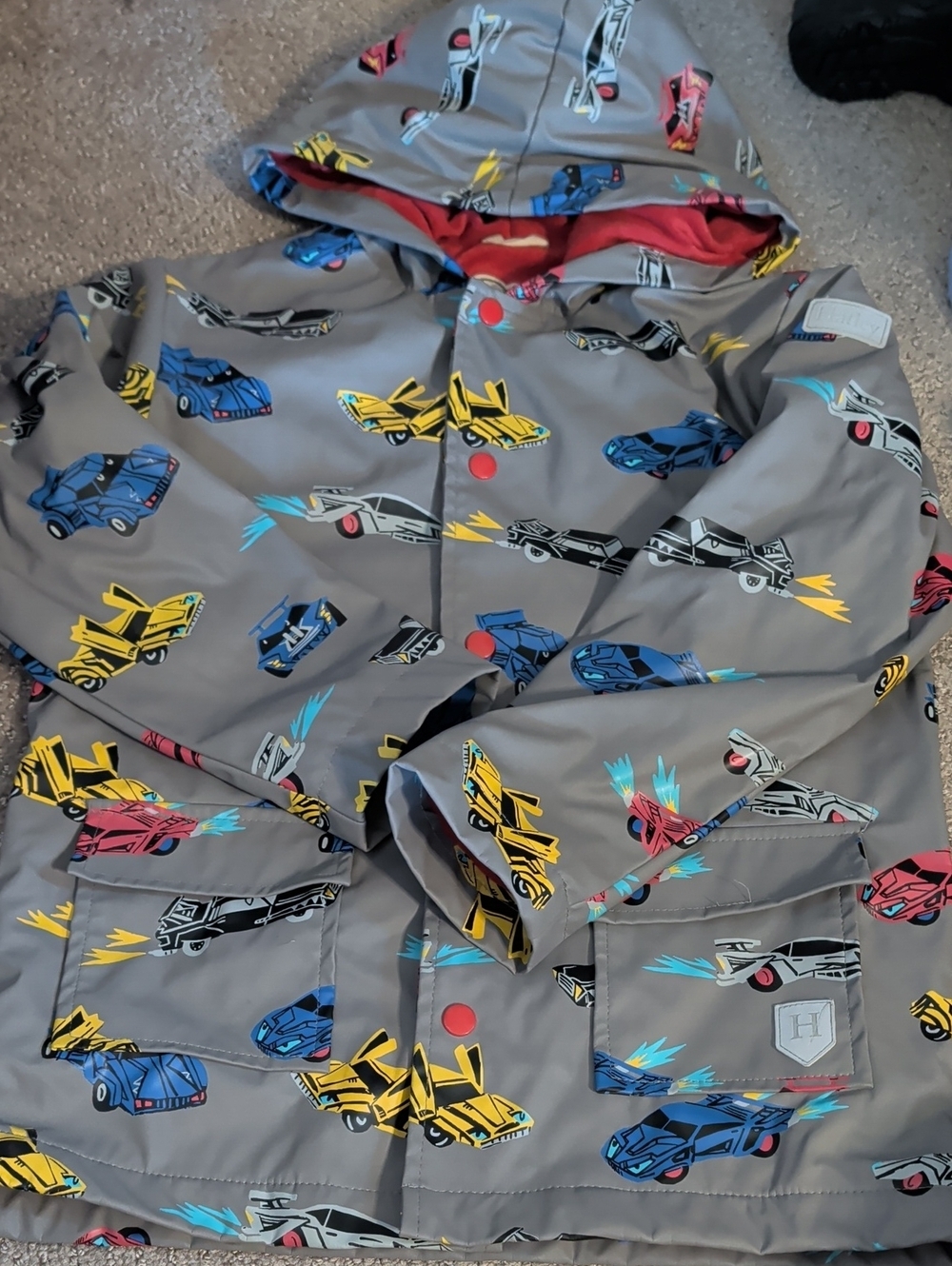 Hatley Grey Raincoat with Blue and Yellow Racecar Graphics 8